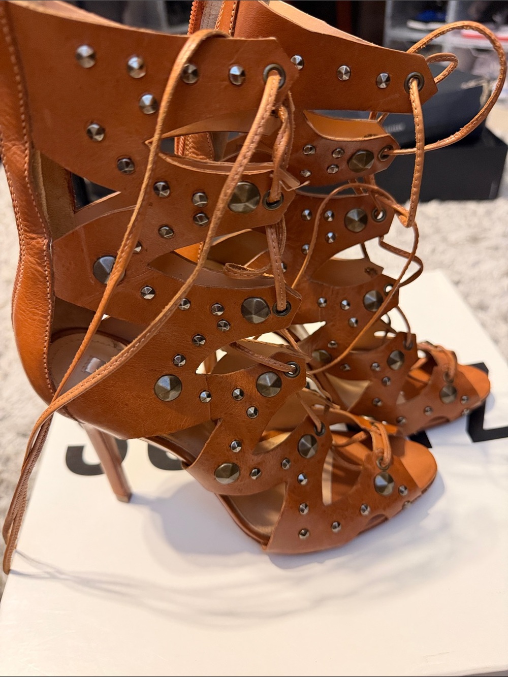 SCHUTZ Cognac Studded Lace-Up High Heel Sandals